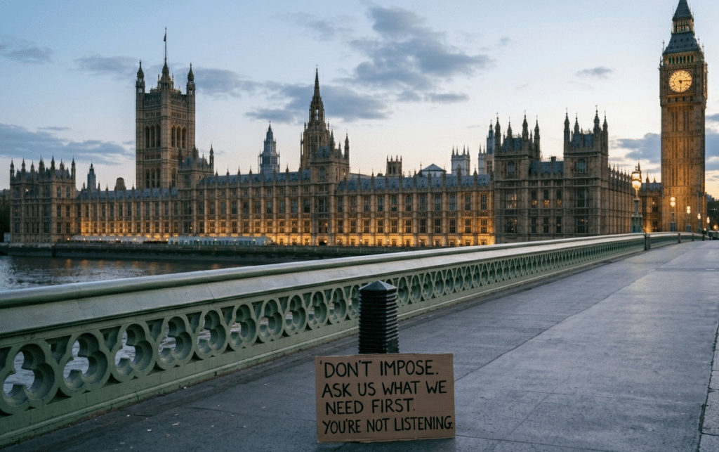 Houses of parliament with signs saying "ask us first"