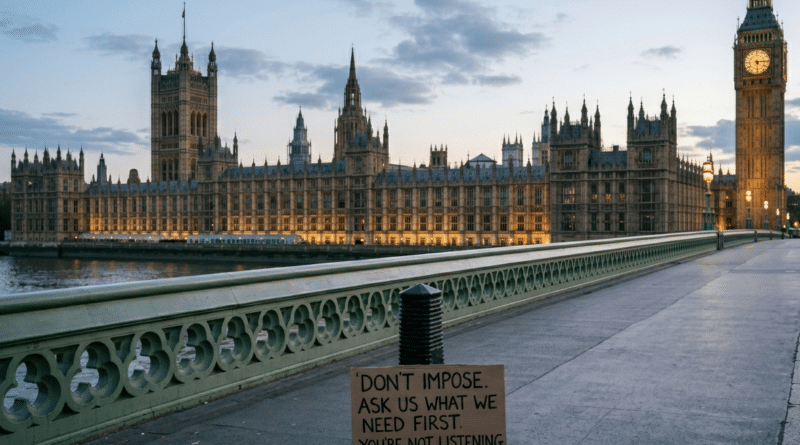 Houses of parliament with signs saying "ask us first"