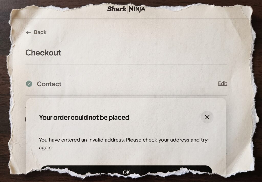 A snip of the Shark Ninja website showing the invalid address message