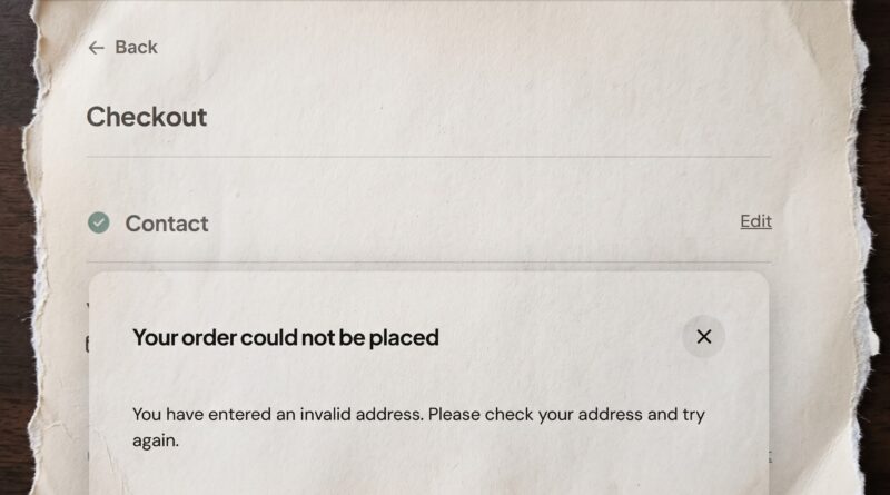A snip of the Shark Ninja website showing the invalid address message